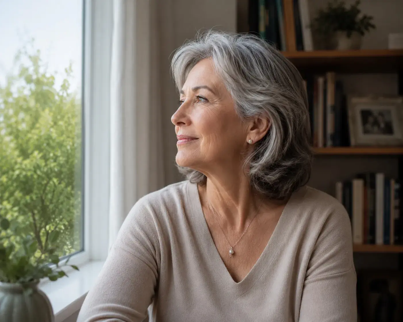 older woman smiling as she looks out a window at home