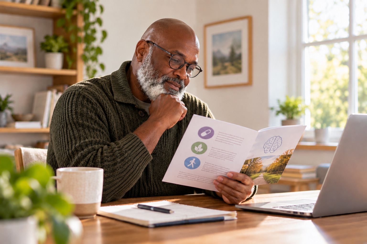 older man reading a brain health brochure at his kitchen table